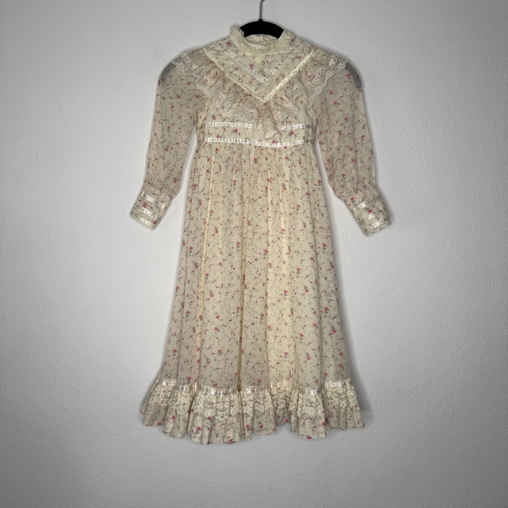 Gunne Sax Vintage Cream Floral Long Sleeve Lace Trim Prairie Dress Girls 5T